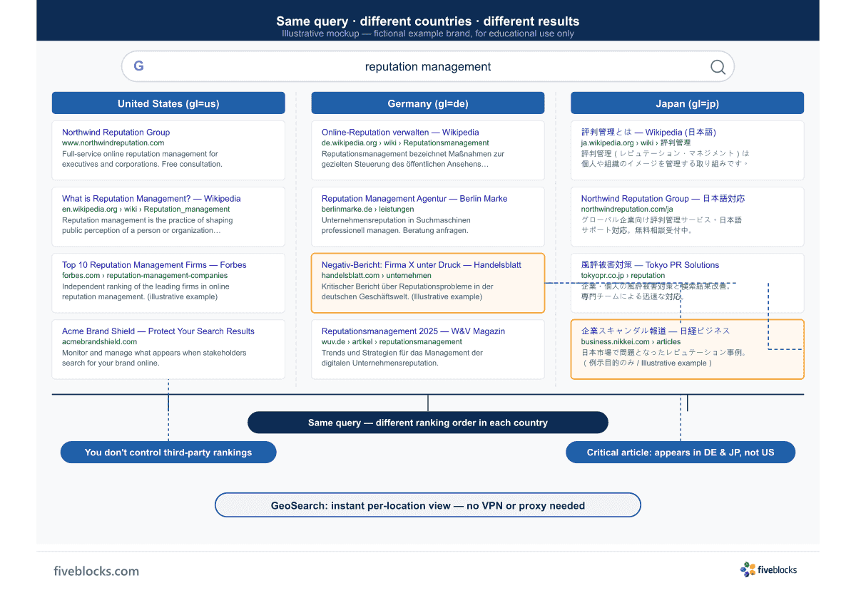 Illustrative mockup of a Google organic results comparison: the same search query shown side by side as it would appear in three different.