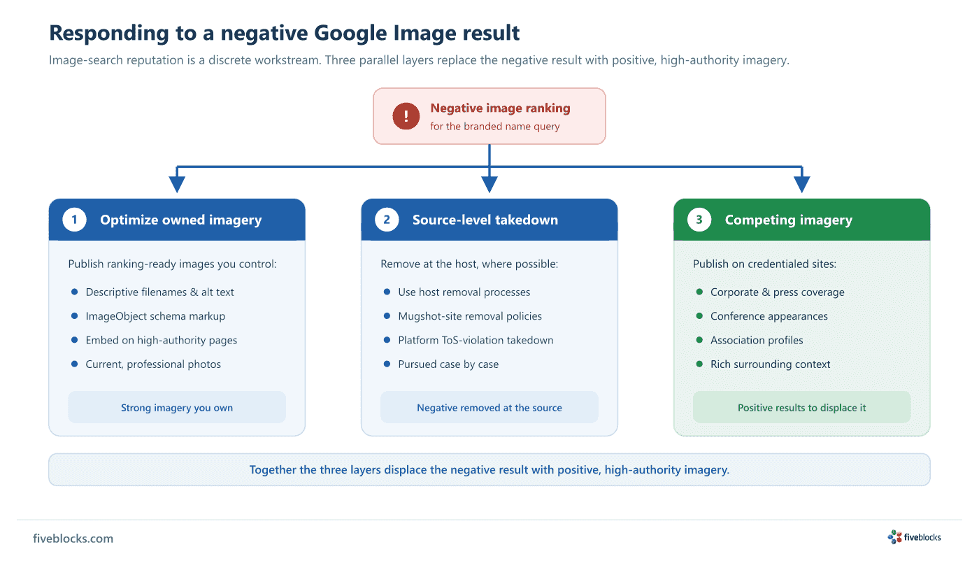 Three-layer response to a negative Google Image result: a negative image ranking for the branded name query feeds three parallel layers.