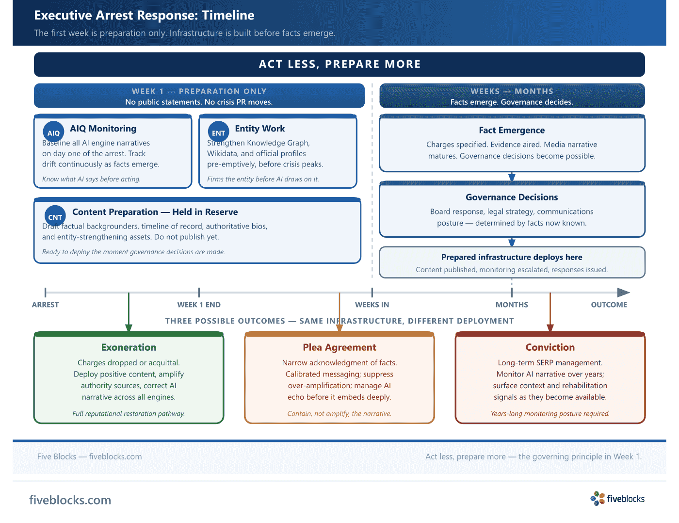 Executive arrest response timeline: Week 1 (preparation only — AIQ monitoring, entity work, content preparation held in reserve, no public.