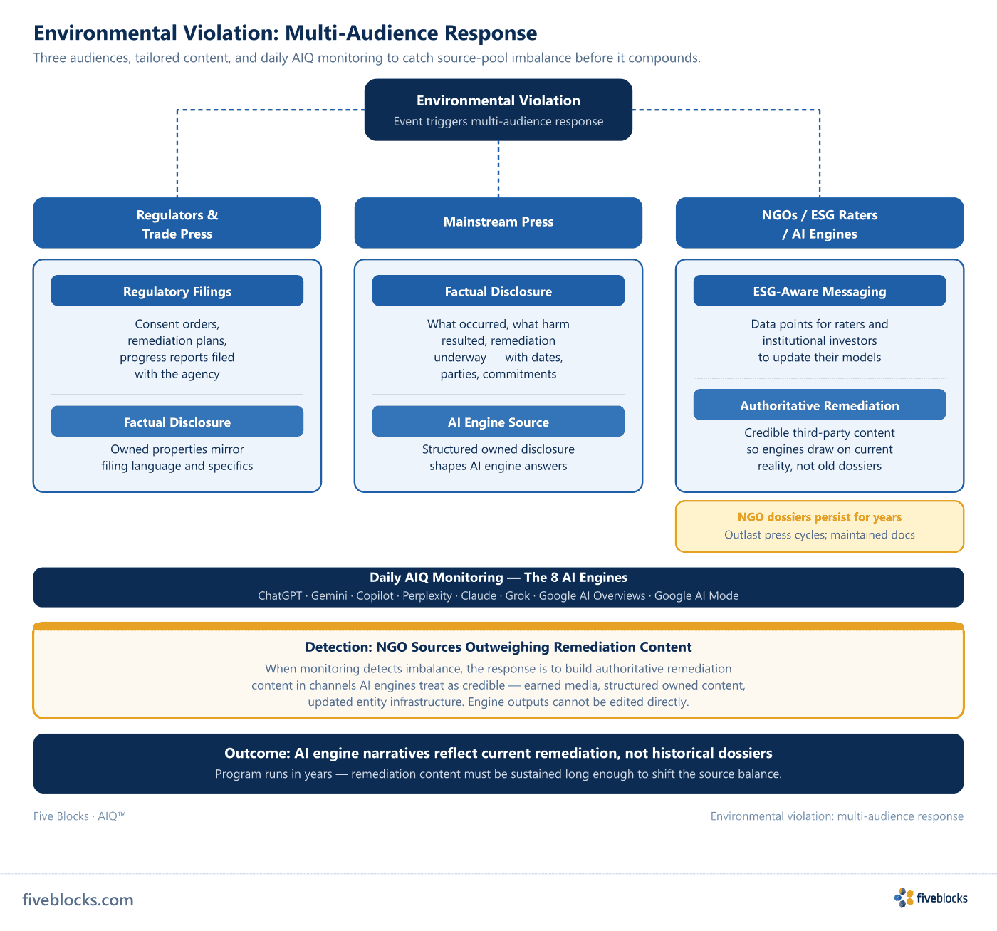 Multi-audience environmental violation response diagram showing three lanes — Regulators and Trade Press receiving regulatory filings.