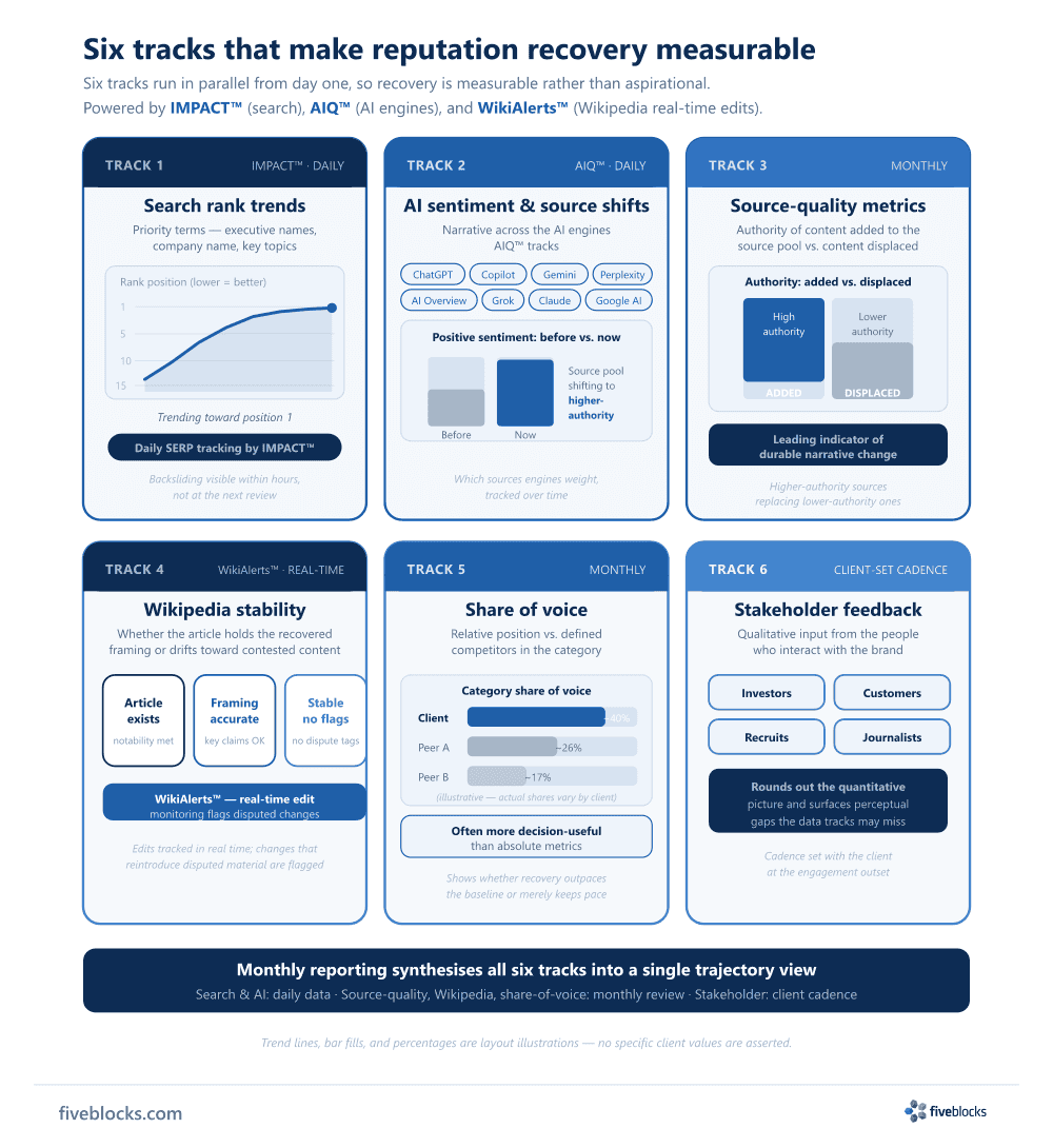 Dashboard-style infographic titled 'Six tracks that make reputation recovery measurable'.