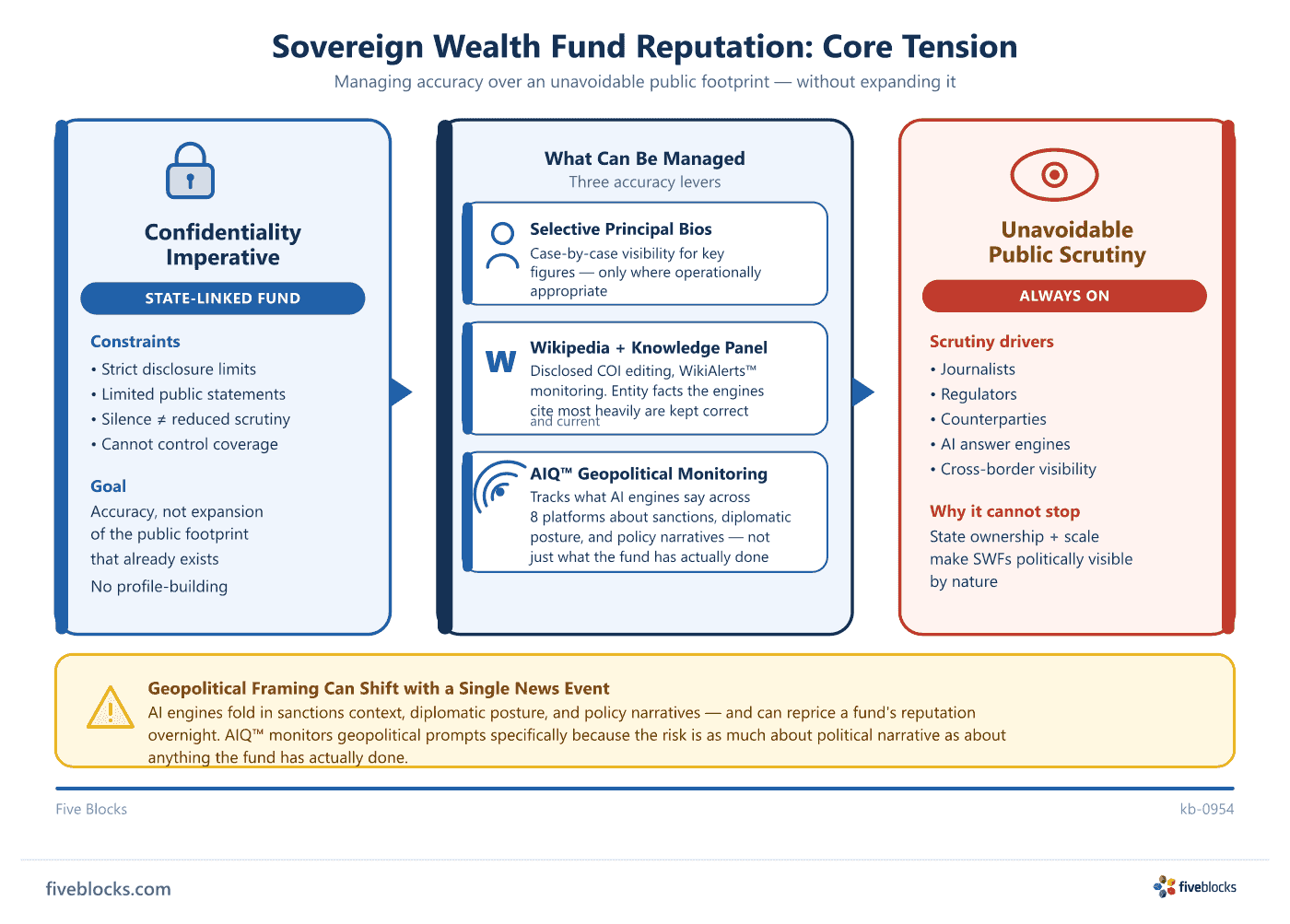 Tension diagram for sovereign wealth funds: confidentiality imperative (left, blue) vs.