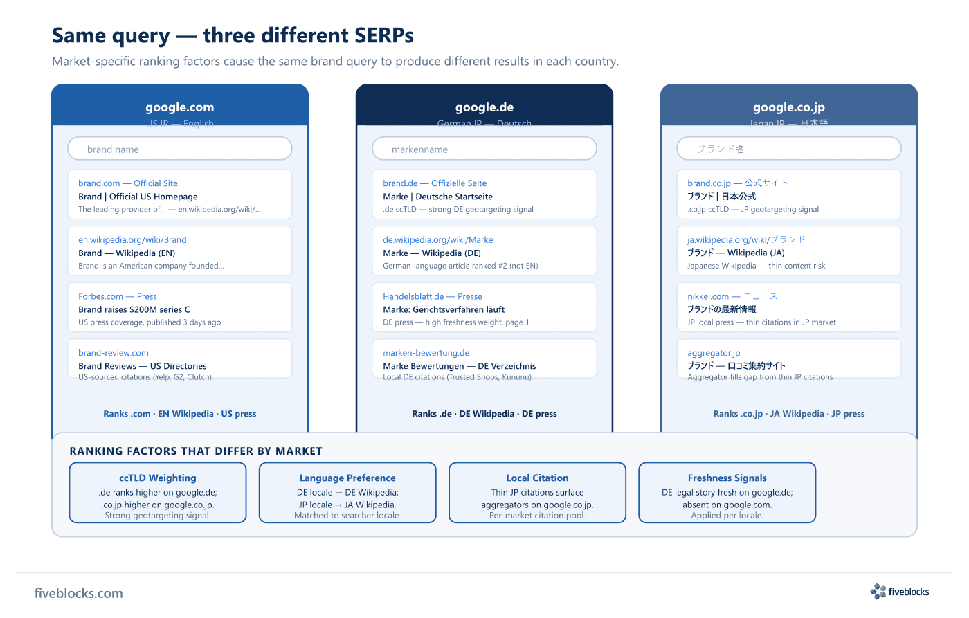 Three SERP cards side by side — google.com (US IP), google.de (German IP), google.co.jp (Japan IP) — for the same brand query.