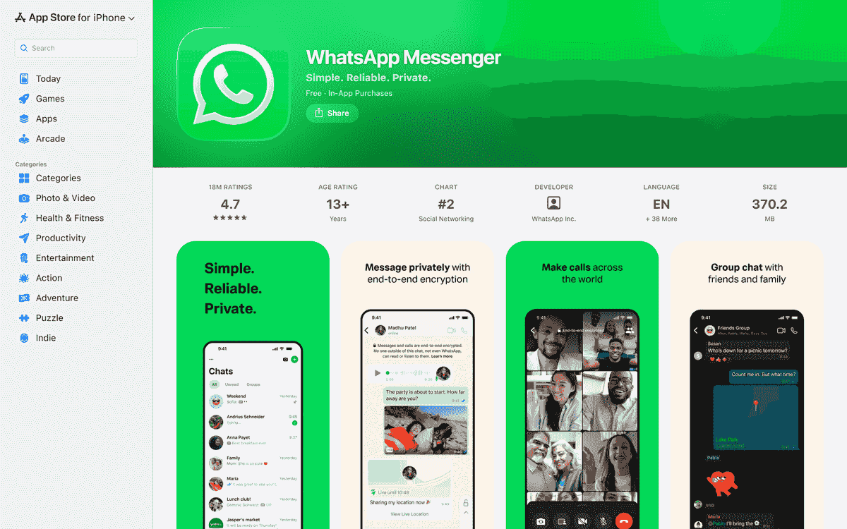Apple App Store web listing for WhatsApp Messenger, with the aggregate star rating and the 'Ratings & Reviews' section of recent customer reviews highlighted.