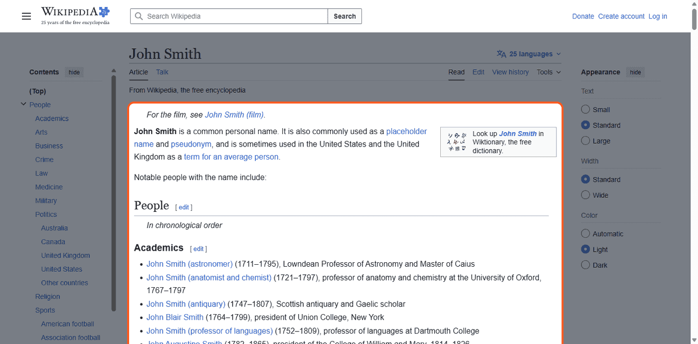 Genuine screenshot of Wikipedia's 'John Smith' disambiguation page, listing many distinct notable people who share the name, each linking to a separate article.