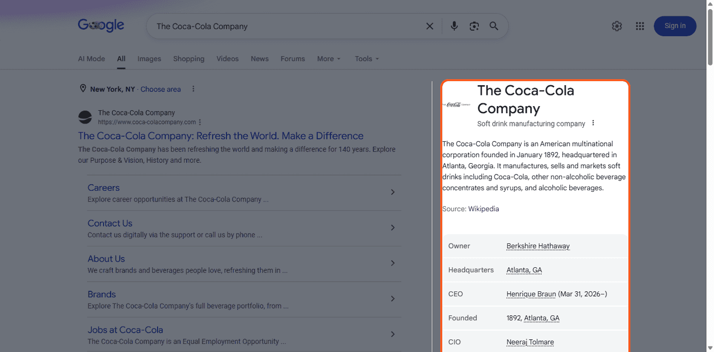 Genuine screenshot of the live Google Knowledge Panel for The Coca-Cola Company, shown in the right-hand rail of a desktop Google search results page.