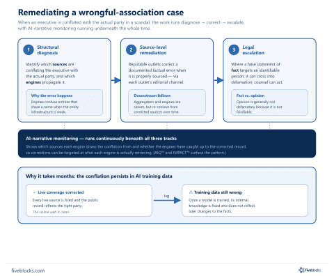 Diagram of the wrongful-association remediation sequence: three sequential tracks (structural diagnosis of conflating sources and engines.