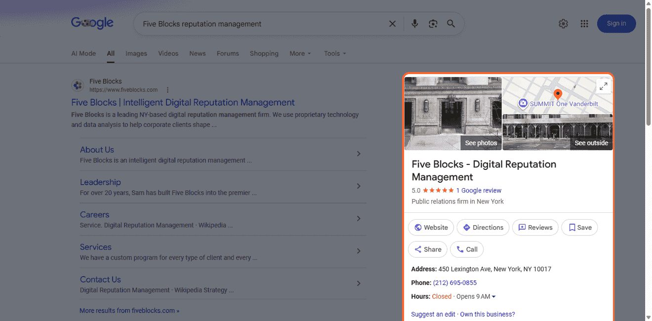 Genuine screenshot of a Google search results page that returns a Knowledge Panel for Five Blocks, confirming Google resolves the company.