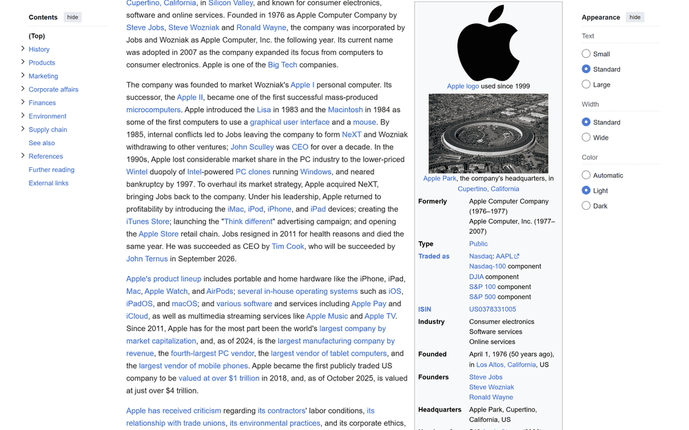 Wikipedia article for Apple Inc.
