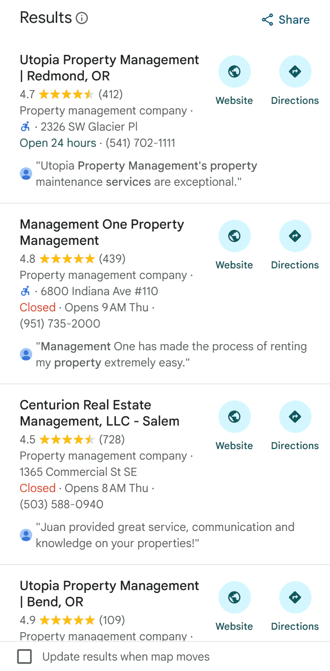 Google Maps place panel for a property management company location, showing the business name, address and phone number, a star rating.