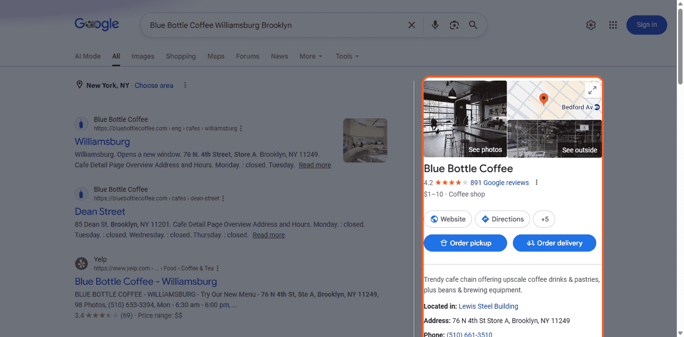 Genuine screenshot of a live Google Business Profile (local panel) for a Blue Bottle Coffee location in Williamsburg, Brooklyn, with rating, hours and address.