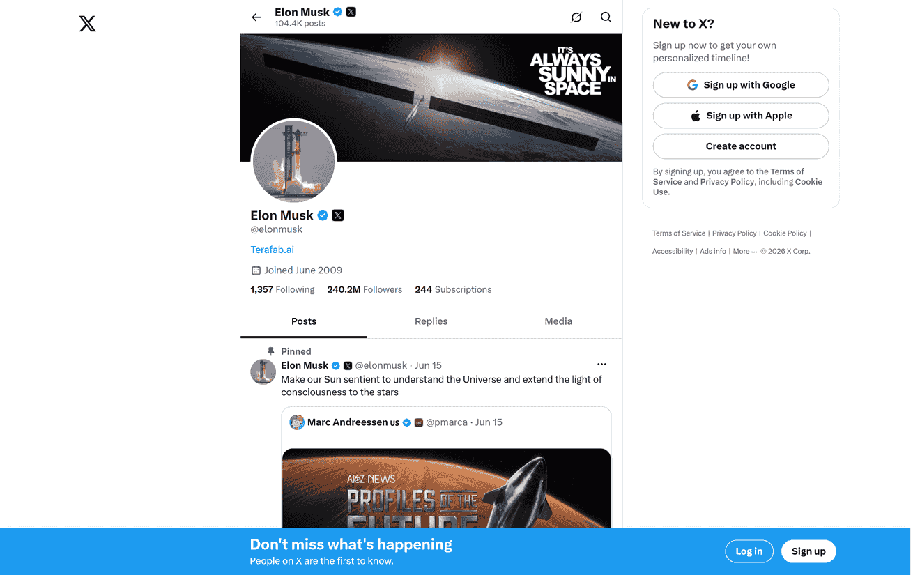 Verified X profile header showing canonical bio elements: display name, handle, website link, location, and verification badge.