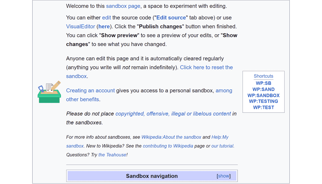Wikipedia user sandbox interface showing a draft article in progress, with the edit toolbar visible, sandbox namespace URL.
